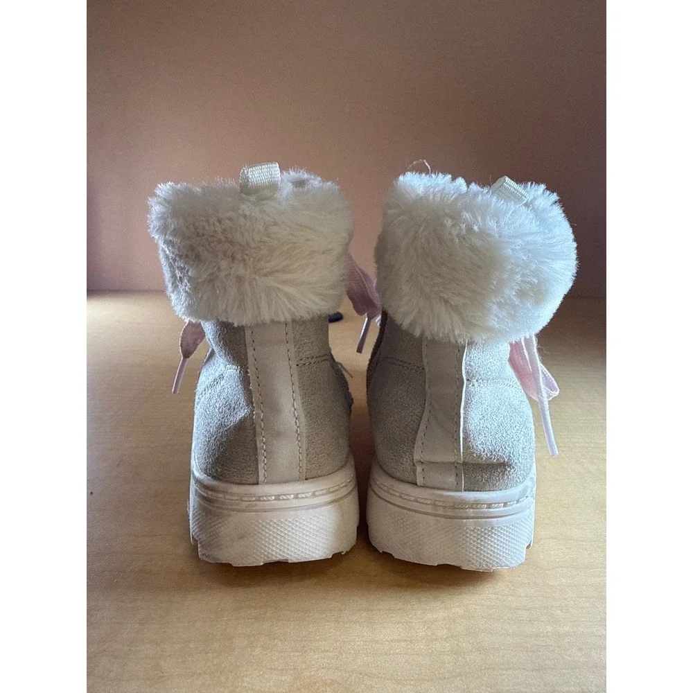 Carters Viola Girls Cream Faux Fur Winter Boots Pink Laces Size 13M Side Zip